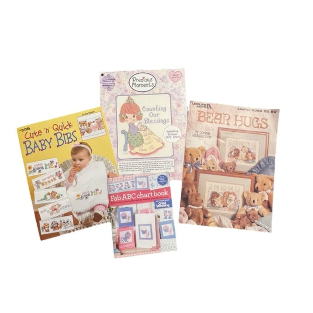 Lot of 4 Cross Stitch Craft Booklets Alphabet Teddy Bear Baby Bibs Precious Mmts